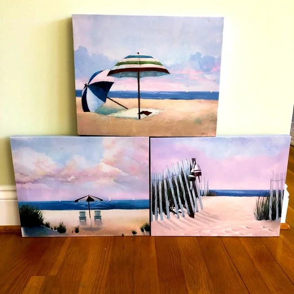 Like-New Set of 3 Beach Theme Stretched Canvas on Wooden Frame Prints - Picture 1 of 6